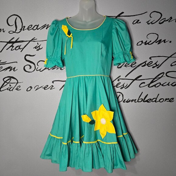 Vintage Handmade Square Dance Rockabilly Full Circle Skirt Green w/Yellow Flower - Picture 1 of 8